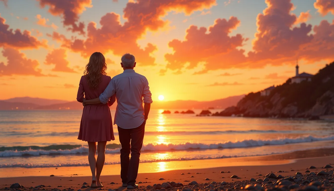 Elegantes älteres Paar genießt Sonnenuntergang am Meer, entspannte Atmosphäre, finanzielle Sicherheit symbolisierend, cinematografisch